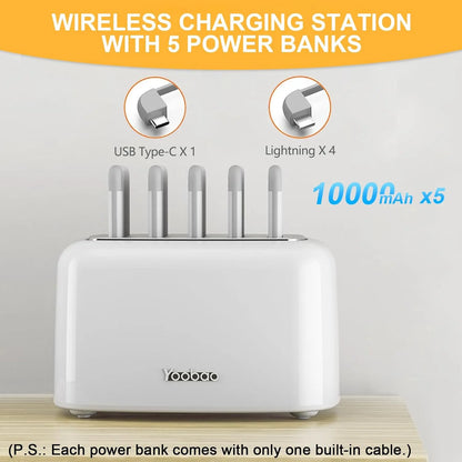 Wireless Charging Station Power Bank Charge Dock Built-In 5Pcs 10000Mah, Portable Charger with Cables Compatible with Iphone Samsung Android for Home Office Bar Restaurant, White