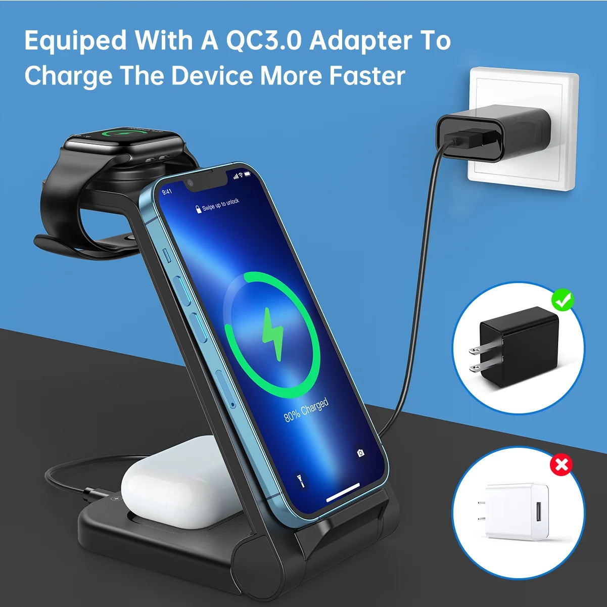 Fast Wireless Charger Station, 23W Wireless Charging Stand for Iphone 16/15/14/13/13 Pro/ 12/12 Pro/11/Xs Max/Xr/X/Galaxy S23 S22 S21 S10, Charging Station for Airpods 4/3/2/Pro, Iwatch Series