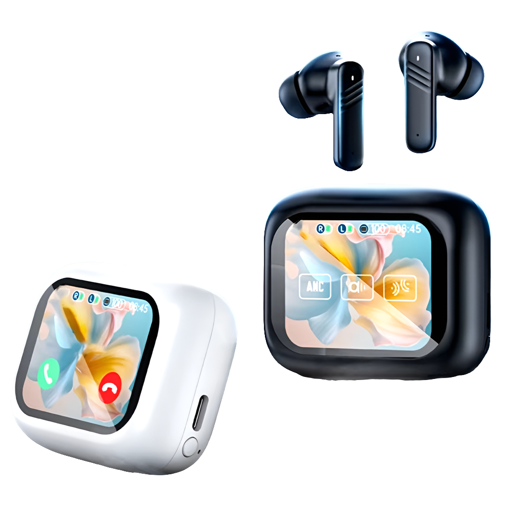 Active Noise Cancelling Earbuds ANC with Smart Touch Screen, TWS True Wireless Ear Buds Earphones for Iphone Android