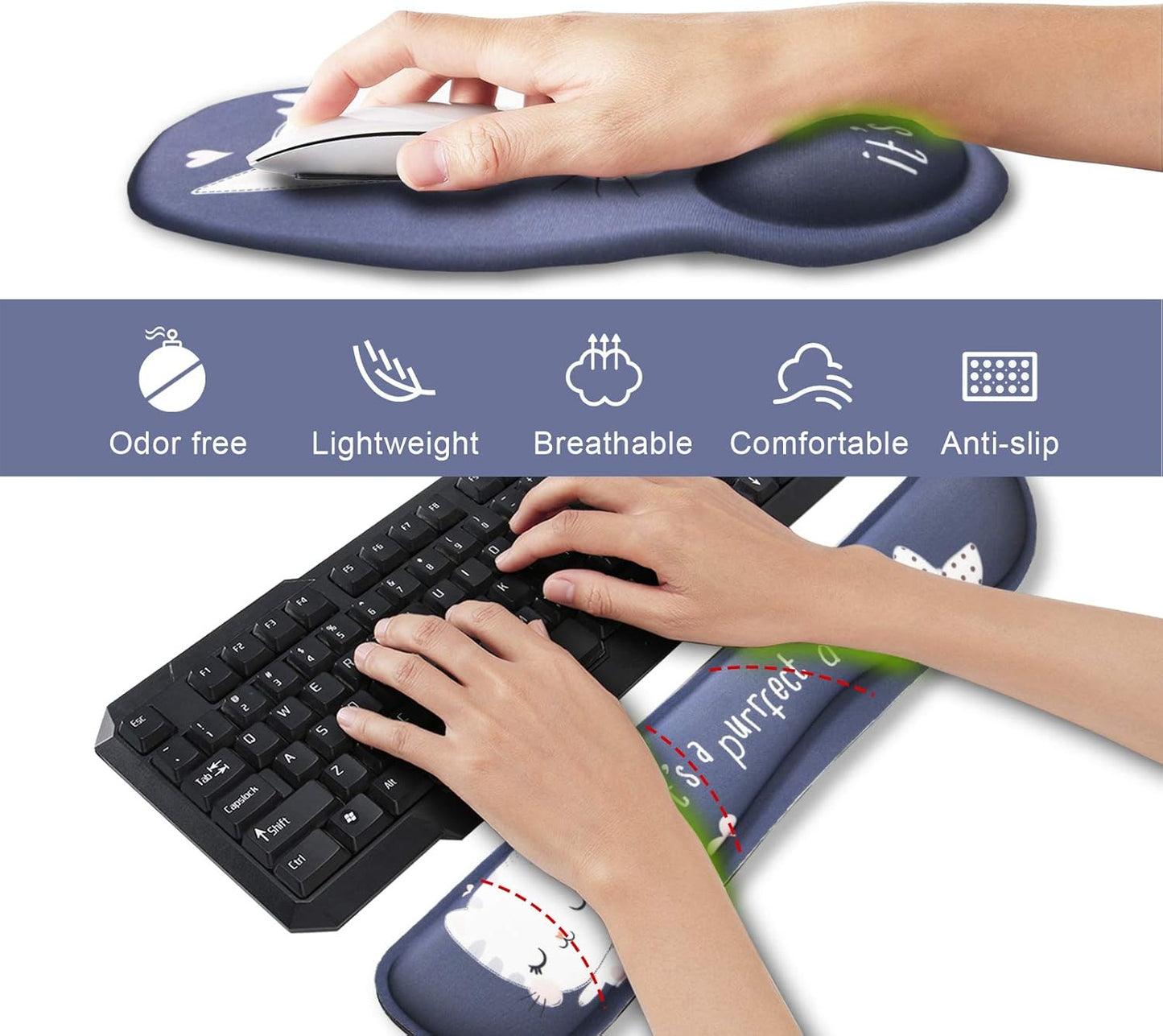 Keyboard Mouse Pad Wrist Rest, Gel Ergonomic Wrist Rest Support Mousepads,Non Slip Rubber Base Wrist Support with Memory Foam for Laptop Computer Home Office Work, Durable Comfortable,Cute Cat