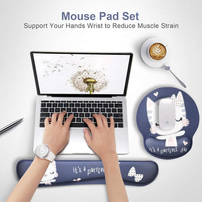 Keyboard Mouse Pad Wrist Rest, Gel Ergonomic Wrist Rest Support Mousepads,Non Slip Rubber Base Wrist Support with Memory Foam for Laptop Computer Home Office Work, Durable Comfortable,Cute Cat